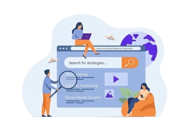Team around a browser with search, SEO, content marketing, and social growth — transparent illustration